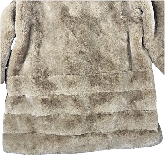 Gallery New York Womens L Hooded Faux Fur Coat Tan Plush Warm Satin Lined Jacket - Picture 11 of 16